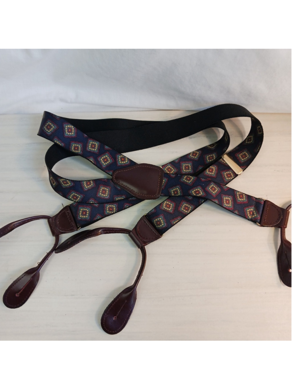 VTG Navy Geometric Paisley Button End Suspenders Leather Ended OSFM 80s Retro